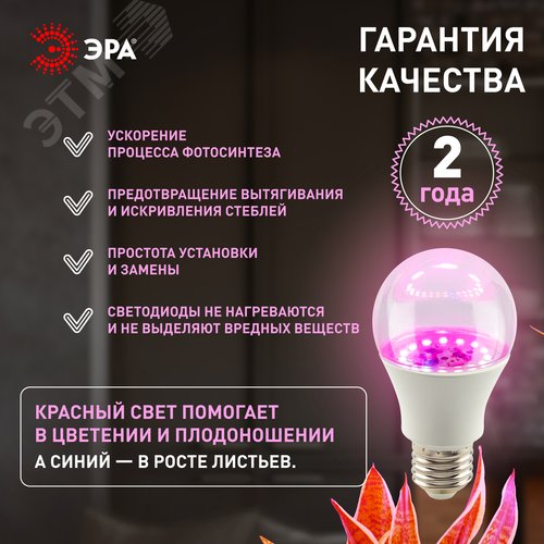 Фитолампа для растений светодиодная розового свечения LED 20 Вт ФИТО A65-20W-PL-E27-GR GREEN LINE