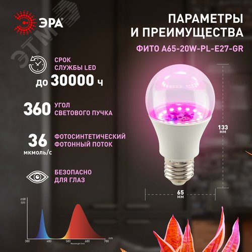 Фитолампа для растений светодиодная розового свечения LED 20 Вт ФИТО A65-20W-PL-E27-GR GREEN LINE