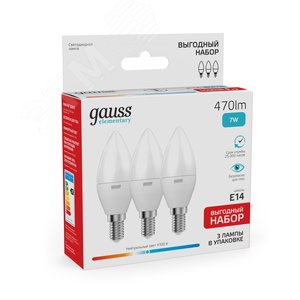 Лампа светодиодная LED 7 Вт 470 лм 4100К свеча нейтральный E14 AC 220В (промоупаковка 3 лампы) Elementary Gauss