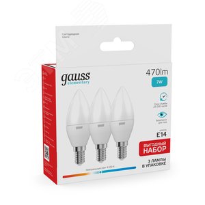 Лампа светодиодная LED 7 Вт 470 лм 4100К свеча нейтральный E14 AC 220В (промоупаковка 3 лампы) Elementary Gauss