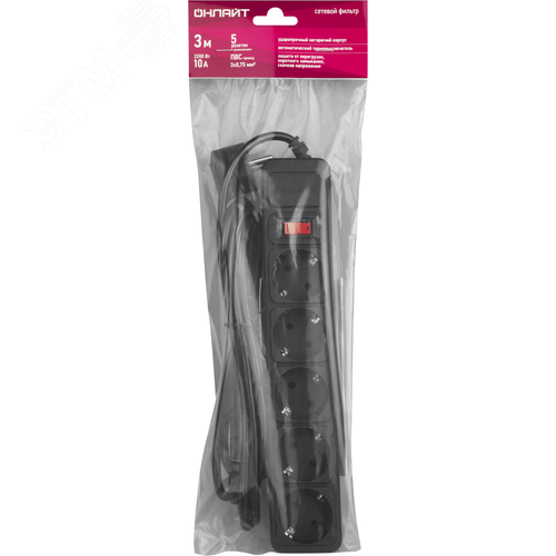 Сетевой фильтр OSP-1-05-300-ESC-3х0.75-BL 5 розеток 3м ПВС 3х0,75 2200Вт с заземлением с выключателем черный