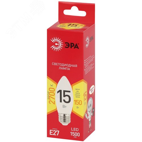 Лампа светодиодная ЭРА RED LINE LED B35-15W-827-E27 R 15Вт свеча теплый белый свет Е27