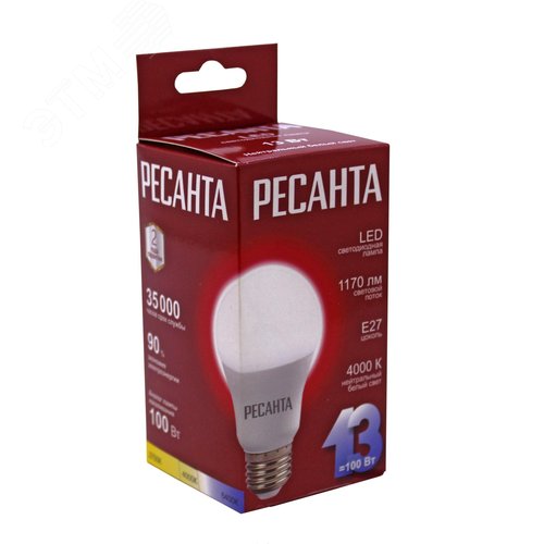 Лампа светодиодная LL-R-A60-13W-230-4K-E27 (груша, 13Вт, нейтр., Е27) Ресанта