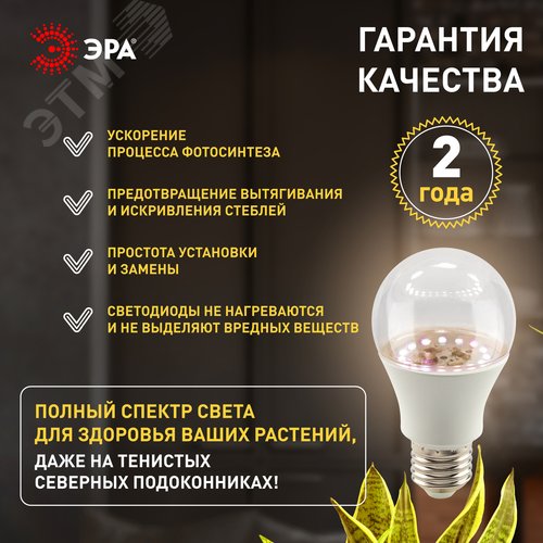 Фитолампа светодиодная для растений полного спектра LED 20 Вт ФИТО A65-20W-PFR-E27-GR GREEN LINE