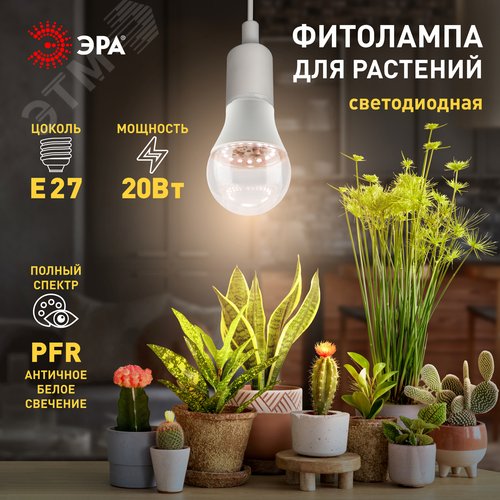 Фитолампа светодиодная для растений полного спектра LED 20 Вт ФИТО A65-20W-PFR-E27-GR GREEN LINE