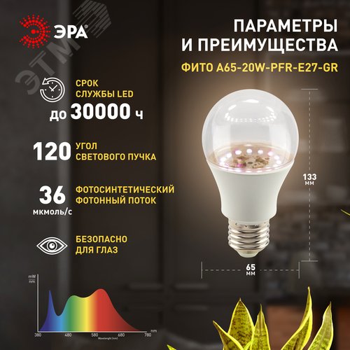Фитолампа светодиодная для растений полного спектра LED 20 Вт ФИТО A65-20W-PFR-E27-GR GREEN LINE