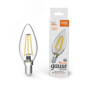 Лампа светодиодная филаментная LED 4.5 Вт 400 лм 2700К свеча теплый E14 AC 220В прозрачная колба Basic