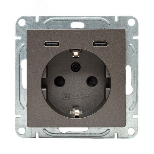 Механизм розетки с USB-C - 2шт 16А с заземлением со шторками мокко Эпика EKF