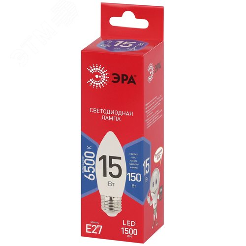 Лампа светодиодная ЭРА RED LINE LED B35-15W-865-E27 R 15Вт свеча холодный дневной свет Е27