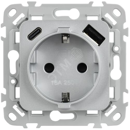 FLITE Розетка 1-местная с заземлением с защитными шторками 16А с USB A+C 20Вт безвинтовое крепление РСЮшс11-1-ФлА алюминий