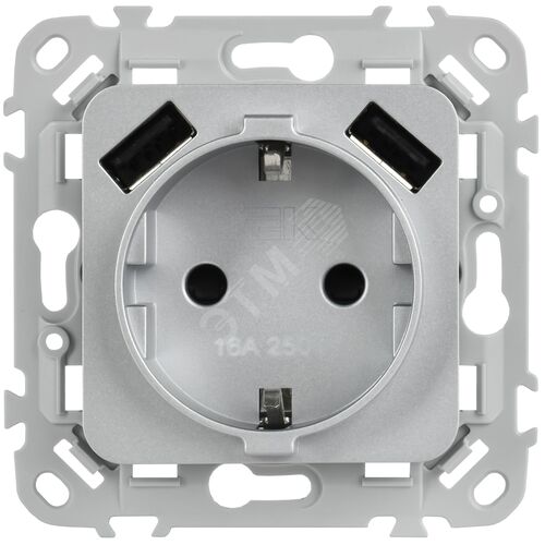 FLITE Розетка 1-местная с заземлением с защитными шторками 16А с USB A+A 3,1А безвинтовое крепление РСЮша11-1-ФлА алюминий