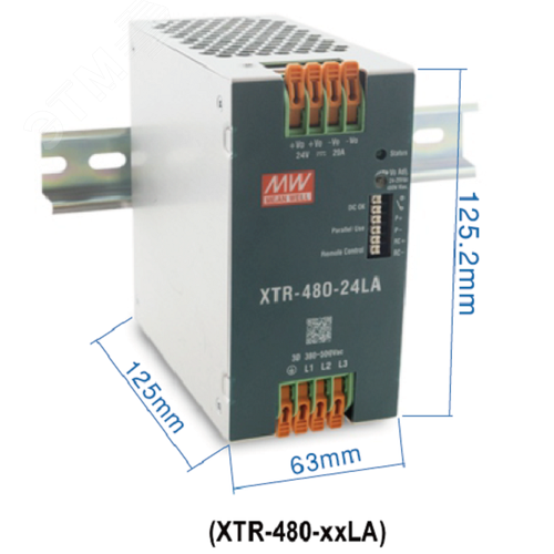 Блок питания AC-DC, 480Вт, ККМ, 3-х ф., вх. 320…600В AC, 47…63450…800В DC, вых.24В20A, (пиковый 40А), рег. вых 24...29В, изол.3000В AC, в кожухе на DIN-рейку 63х125.2х125мм,-40…+85°С, DC-OK, Дист.ВКЛВЫКЛ., P linkпарал.работа 3+1, 5 лет гарантии