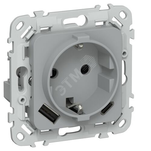 FLITE Розетка 1-местная с заземлением с защитными шторками 16А с USB A+C 20Вт безвинтовое крепление РСЮшс11-1-ФлС серый
