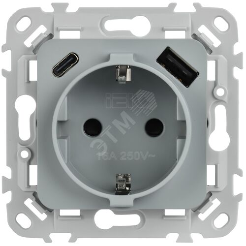 FLITE Розетка 1-местная с заземлением с защитными шторками 16А с USB A+C 20Вт безвинтовое крепление РСЮшс11-1-ФлС серый