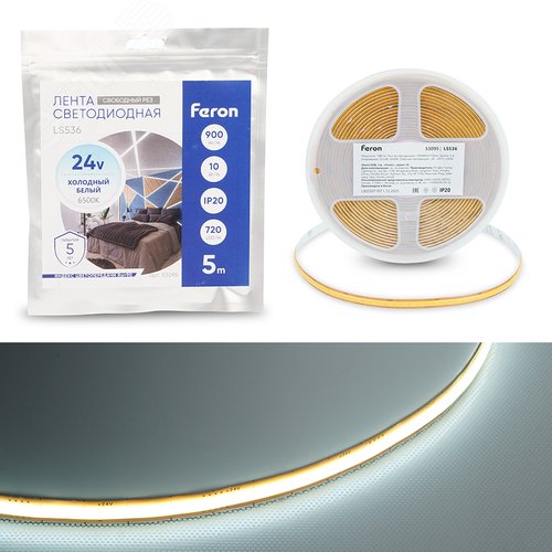 Лента светодиодная COB 10Вт/м 24В 6500К IP20 720LED/м LS536 свободный рез