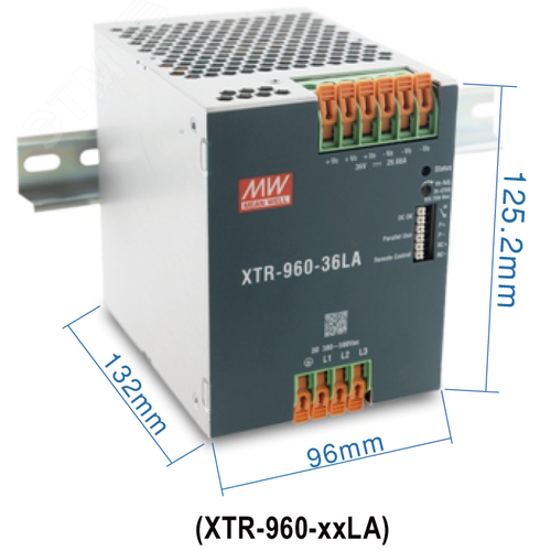 Блок питания AC-DC, 960Вт, ККМ, 3-х ф., вх. 320…600В AC, 47…63450…800В DC, вых.48В20A, (пиковый 40А), рег. вых 48…55В, изол.3000В AC, в кожухе на DIN-рейку 96х125.2х132мм,-40…+85°С, DC-OK, Дист.ВКЛВЫКЛ., P linkпарал.работа 3+1, 5 лет гарантии,