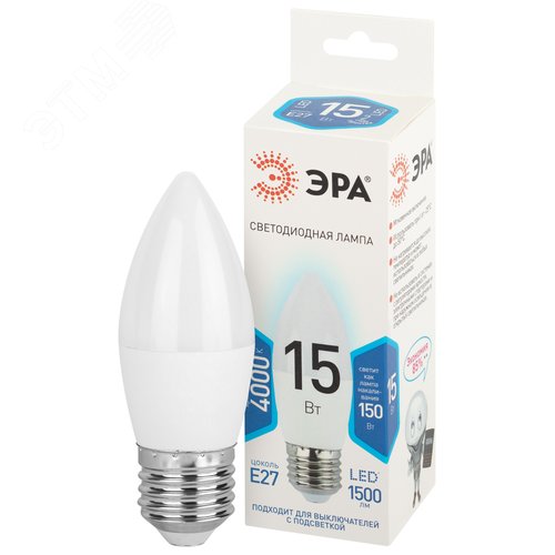 Лампа светодиодная 15Вт свеча нейтральный белый свeт Е27 STD LED B35-15W-840-E27