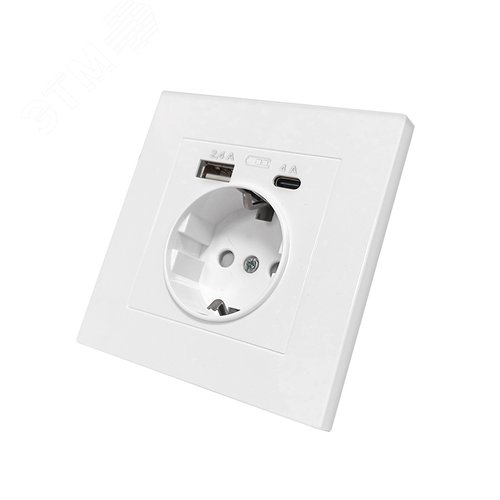 Розетка скрытой установки, с заземлением, c USB Type-A 2.4А+ Type-C 4A серия Афина , 220В, механизм, белая