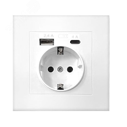 Розетка скрытой установки, с заземлением, c USB Type-A 2.4А+ Type-C 4A серия Афина , 220В, механизм, белая