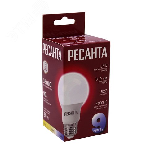 Лампа светодиодная LL-R-A60-9W-230-4K-E27 (груша, 9Вт, нейтр., Е27) Ресанта