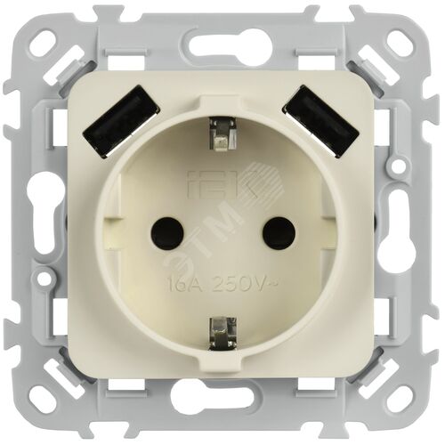 FLITE Розетка 1-местная с заземлением с защитными шторками 16А с USB A+A 3,1А безвинтовое крепление РСЮша11-1-ФлСл сливочный