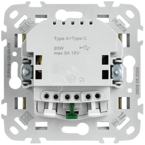 FLITE Розетка 1-местная с заземлением с защитными шторками 16А с USB A+C 20Вт безвинтовое крепление РСЮшс11-1-ФлО оливковый