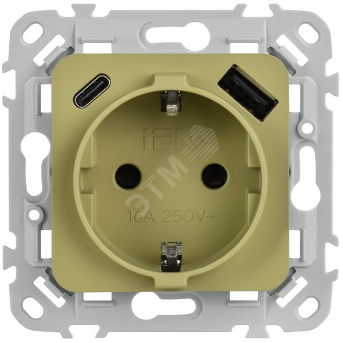 FLITE Розетка 1-местная с заземлением с защитными шторками 16А с USB A+C 20Вт безвинтовое крепление РСЮшс11-1-ФлО оливковый