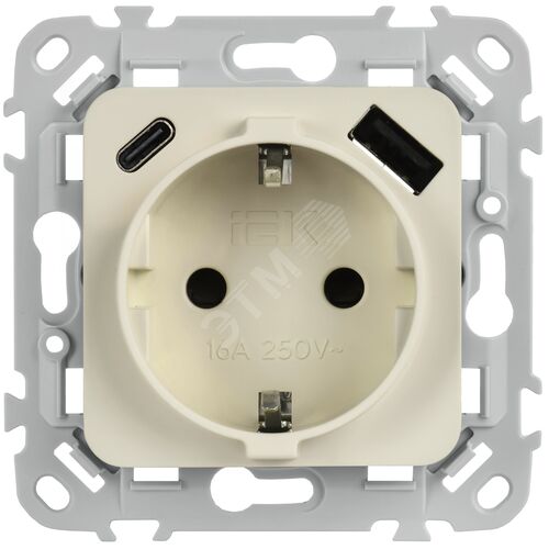 FLITE Розетка 1-местная с заземлением с защитными шторками 16А с USB A+C 20Вт безвинтовое крепление РСЮшс11-1-ФлСл сливочный