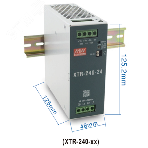 Блок питания AC-DC, 240Вт, ККМ, 3-х ф., вх. 320…600В AC, 47…63450…800В DC, вых.24В10A, (пиковый 15А), рег. вых 24…29В, изол.3000В AC, в кожухе на DIN-рейку 48х125.2х125мм,-40…+85°С, DC-OK, P linkпарал.работа 3+1, 5 лет гарантии, клемма под отвё
