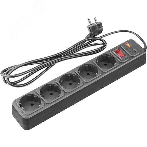 Сетевой фильтр OSP-USB-05-180-ESC-3х0.75-BL 5 розеток 1,8м ПВС 3х0,75 2200Вт USB-A+USB-C с заземлением с выключателем черный