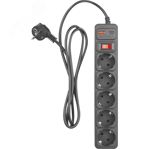 Сетевой фильтр OSP-USB-05-180-ESC-3х0.75-BL 5 розеток 1,8м ПВС 3х0,75 2200Вт USB-A+USB-C с заземлением с выключателем черный