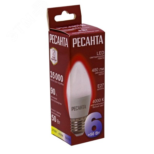Лампа светодиодная LL-R-C37-6W-230-4K-E27 (свеча, 6Вт, нейтр., Е27) Ресанта