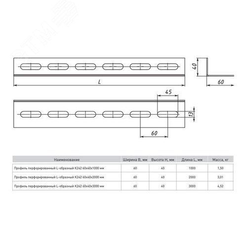 Профиль перфорированный L-образный К242 60х40х1000мм (2мм) INOX