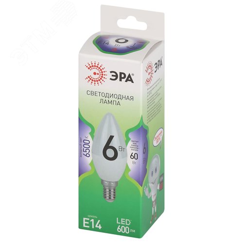 Лампа светодиодная LED 6 Вт 600Лм 6500К свеча холодный E14 220-240В LED B35-6W-865-E14 Green Line