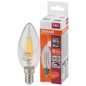 Лампа светодиодная LED 5Вт E14 CLB60D тепло-бел, Filament диммируемая, прозрачная свеча OSRAM