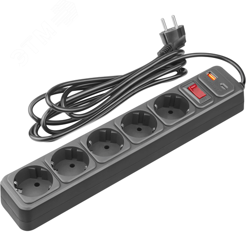 Сетевой фильтр OSP-USB-05-300-ESC-3х0.75-BL 5 розеток 3м ПВС 3х0,75 2200Вт USB-A+USB-C с заземлением с выключателем черный