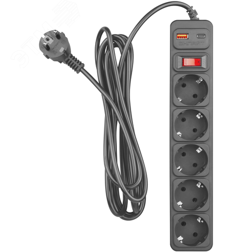 Сетевой фильтр OSP-USB-05-300-ESC-3х0.75-BL 5 розеток 3м ПВС 3х0,75 2200Вт USB-A+USB-C с заземлением с выключателем черный