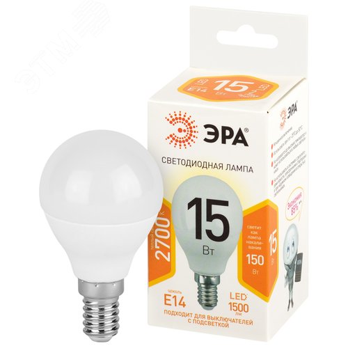 Лампа светодиодная 15Вт шар теплый белый свет Е14 STD LED P45-15W-827-E14