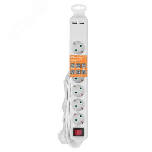 Удлинитель бытовой У06В-USB 6 гнезд, 2USB 2,4А, 3 м, вык., з/к, ПВС 3х0,75мм2 10А/250В белый TDM
