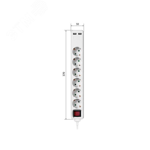 Удлинитель бытовой У06В-USB 6 гнезд, 2USB 2,4А, 3 м, вык., з/к, ПВС 3х0,75мм2 10А/250В белый TDM