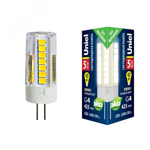Лампа светодиодная прозрачная 5 Вт Теплый белый свет 3000К Картон ТМ LED-JC-220/5W/3000K/G4/CL GLZ09TR