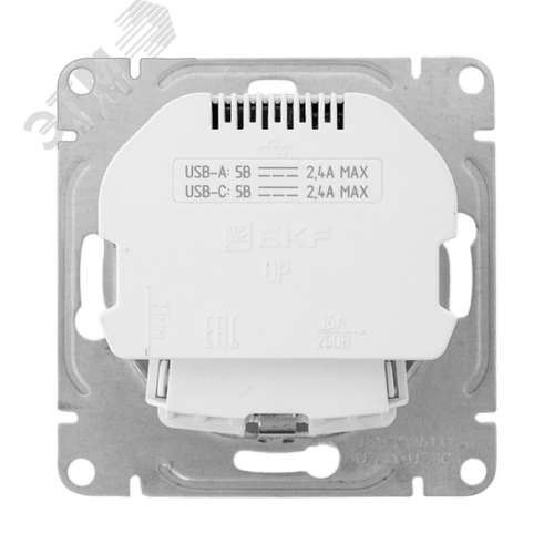 Механизм розетки с USB-A+С - 2шт, 16А, с заземлением, со шторками, белый Эпика EKF