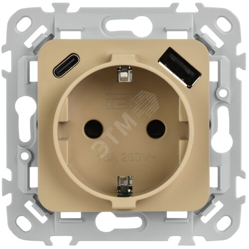 FLITE Розетка 1-местная с заземлением с защитными шторками 16А с USB A+C 20Вт безвинтовое крепление РСЮшс11-1-ФлХ хаки