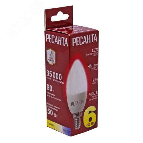 Лампа светодиодная LL-R-C37-6W-230-3K-E14 (свеча, 6Вт, тепл., Е14) Ресанта