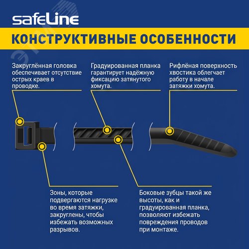 Хомут-стяжка кабельная нейлоновая Safeline 2,5x100-B-100, черная (100 шт.)