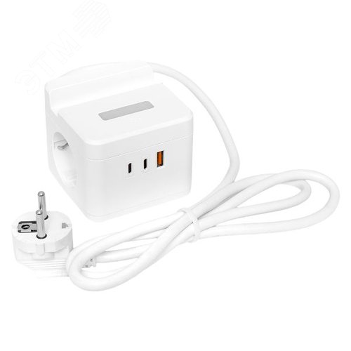 Удлинитель куб 2 гнезда 1USB + 2 Type C с быстрой зарядкой, подставкой под телефон и ночником 1, 3 метра 1 мм2