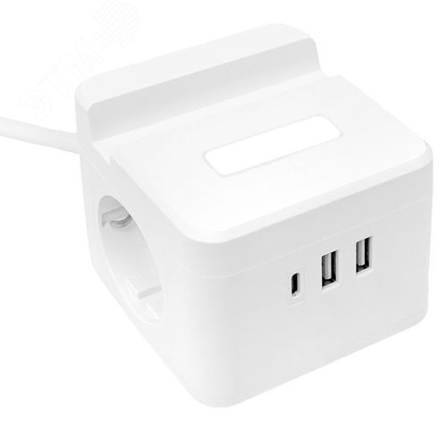 Удлинитель куб 2 гнезда 1USB + 2 Type C с быстрой зарядкой, подставкой под телефон и ночником 1, 3 метра 1 мм2