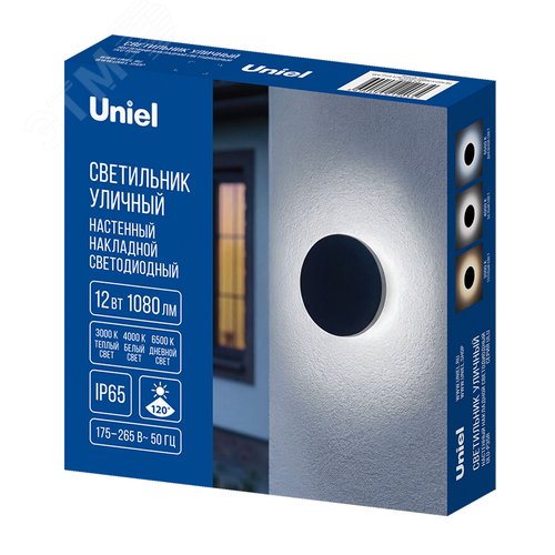 Светильник ULU-P35R-12W/3000K+4000K+6500K/D18 IP65 BLACK светодиодный уличный. Архитектурный накладной. С переключателем цвета свечения. Теплый(3000K)/Белый(4000K)/Дневной(6500K). Диаметр 18 см. Корпус черный. TM Uniel