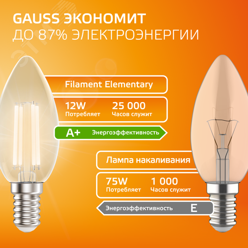 Лампа светодиодная филаментная LED 12 Вт 730 лм 2700К свеча теплый E14 AC 220В прозрачная колба Elementary