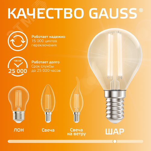 Лампа светодиодная филаментная LED 10 Вт 650 лм 2700К шар P45 теплый E14 AC 220В прозрачная колба Elementary